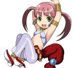  anklet armlet armpits bangs bard_(sekaiju) belt bracelet child choker crop_top crossed_legs e10 earrings etrian_odyssey flat_chest gem jewelry long_hair looking_at_viewer looking_back midriff navel open_mouth pants pink_hair profile reclining see-through sekaiju_no_meikyuu shoes simple_background sitting smile solo troubadour_(etrian) twintails yellow_eyes 