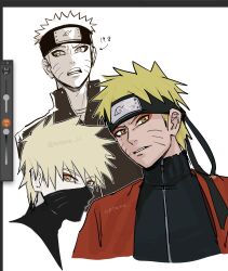  1boy art_program_in_frame black_headband blonde_hair commentary eyeliner facial_mark forehead_protector headband highres light_smile makeup male_focus mask mouth_mask multiple_persona naruto:_the_last naruto_(series) naruto_shippuuden notane_n open_mouth orange_eyeliner orange_eyes sennin_mode signature symbol-only_commentary twitter_username uzumaki_naruto whisker_markings 