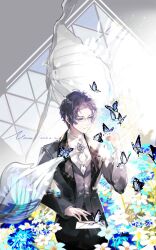  1boy absurdres artist_name black_pants blue_butterfly blue_eyes blue_flower blue_hair book brooch bug butterfly butterfly_on_hand chinese_commentary clarence_clayden closed_mouth collared_shirt cornflower cowboy_shot curtained_hair dated field flower flower_field glasses grey_background grey_jacket grey_vest highres jacket jewelry lapel_pin lapels letter long_sleeves looking_at_animal lovebrush_chronicles male_focus mole mole_under_eye necktie nnnnnova notched_lapels open_book open_clothes open_jacket pants parted_bangs plaid_clothes plaid_lapels procreate_(medium) seashell shell shirt short_hair sitting smile solo suit suit_jacket sunlight triangle_background vest white_flower white_necktie white_shirt 