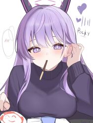  1girl adjusting_hair blue_archive blue_eyes blue_hair blush doodle_sensei_(blue_archive) floating_headgear food food_in_mouth halo hand_in_own_hair headgear highres long_hair looking_at_viewer mouth_hold pocky pocky_day pocky_in_mouth pov sensei_(blue_archive) solo spoken_blush utaha_(blue_archive) white_background yukki83130530 