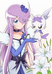  1girl 1other aizawa_zawapo black_choker black_eyes black_ribbon blue_capelet blue_eyes blue_flower blue_gloves blue_rose blush bug butterfly butterfly_on_hand butterfly_wings capelet center_frills choker cologne_(heartcatch_precure!) cure_moonlight dress elbow_gloves eyes_visible_through_hair flower flower_hairpin frilled_dress frills gem gloves green_gemstone hair_ornament hands_on_own_hips heart heart-shaped_gem heartcatch_precure! highres insect_wings jewelry layered_clothes layered_dress leaf long_hair one_eye_covered precure purple_hair ribbon rose short_sleeves simple_background smile tail tsukikage_yuri very_long_hair waist_ribbon white_background white_dress white_flower white_fur white_gloves white_petals white_wings wings 