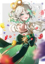  1girl bow braid cecilia_immergreen cecilia_immergreen_(1st_costume) colored_inner_hair detached_collar detached_sleeves doll_joints dress flower green_dress green_eyes green_hair grey_hair highres hololive hololive_english joints mnemo_(mnemorikriyairo) multicolored_hair see-through_clothes see-through_dress side_braid virtual_youtuber waist_bow winding_key 