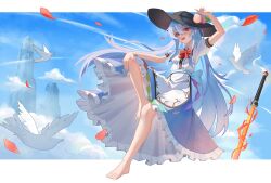  1girl :d absurdres apron arm_up back_bow barefoot bird black_hat blue_hair blue_sash blue_skirt blue_sky blush bow bowtie chinese_commentary clouds collared_shirt commentary_request dove fang fire flaming_sword flaming_weapon floating full_body hand_on_own_knee hand_up hat highres hinanawi_tenshi knees letterboxed long_hair looking_at_viewer mountain peach_hat_ornament petticoat puffy_short_sleeves puffy_sleeves rainbow_gradient red_bow red_bowtie red_eyes red_petals sash shirt short_sleeves skin_fang skirt sky smile solo sword sword_of_hisou teeth touhou upper_teeth_only user_wxvm2552 very_long_hair weapon white_apron white_bird white_shirt 