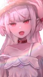  1girl backlighting bare_shoulders belt_collar bloom blunt_bangs blush bracelet collar collarbone commentary dress fangs grey_hair hair_down hand_on_headwear hashtag-only_commentary hat highres jewelry jin_diveblue light_particles long_hair looking_at_viewer makaino_ririmu makaino_ririmu_(3rd_costume) multicolored_hair nijisanji open_mouth pointy_ears portrait rainbow red_collar red_eyes red_streaks sidelocks sleeveless sleeveless_dress smile solo straight_hair strap_slip straw_hat streaked_hair sundress two-tone_hair virtual_youtuber white_background white_dress 
