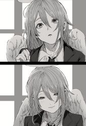  029tintin 1boy androgynous angel angel_devil_(chainsaw_man) chainsaw_man closed_mouth collared_shirt commentary_request greyscale hair_between_eyes halo heco_inu highres jacket long_hair male_focus monochrome necktie shirt smile suit_jacket upper_body wings 