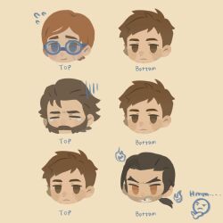  4boys angry beard brown_hair chibi chibi_only closed_eyes closed_mouth commentary crying dispatch english_text facial_hair fire flambae_(dispatch) flying_sweatdrops highres miranda42284435 missing_tooth multiple_boys mustache notched_ear phenomaman ponytail robert_robertson sad symbol-only_commentary tears waterboy_(dispatch) 