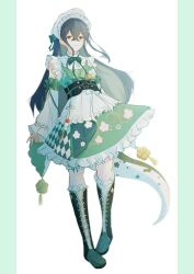  1girl absurdres apron bare_shoulders black_corset bloom bonnet boots border breasts closed_mouth collar colored_inner_hair corset crossed_bangs detached_sleeves fish floral_print floral_print_kimono flower-shaped_pupils flower_hairpin flower_knot frilled_bonnet frilled_collar frilled_skirt frilled_socks frilled_thigh_strap frills full_body green_boots green_border green_eyes green_hair green_kimono green_ribbon green_tail hair_ribbon hashtag-only_commentary highres japanese_clothes kimono kimono_skirt knee_boots kneehighs lace-up_boots light_smile lizard_tail long_hair long_sleeves looking_at_viewer maid_apron multicolored_hair neck_ribbon nijisanji obiage obijime pillarboxed print_kimono r_i_a ribbon sidelighting simple_background skirt small_breasts socks solo standing symbol-shaped_pupils tail tail_under_clothes tassel thigh_strap togawa_nonoha virtual_youtuber waist_apron white_background white_bonnet white_ribbon white_sleeves 