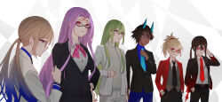  00kashian00 15-nin_no_richiteki_na_megane-tachi 1other 2girls 3boys absurdres adjusting_clothes adjusting_necktie androgynous arjuna_(fate) arjuna_alter_(fate) black_hair black_necktie black_suit blonde_hair blue-framed_eyewear blue_eyes blue_hair blue_hoodie blue_necktie blue_shirt braid breasts captain_nemo_(fate) crossdressing crossdressing_(ftm) crown_braid dark-skinned_male dark_skin fate/grand_order fate_(series) forehead_tattoo glasses gradient_hair green_eyes green_hair grey_vest hand_on_own_hip hand_up hands_in_pockets highres hood hoodie jacket medium_breasts medusa_(fate) medusa_(rider)_(fate) mordred_(fate) multicolored_hair multiple_boys multiple_girls necktie nemo_(fate) oda_nobukatsu_(fate) ponytail purple_hair red-framed_eyewear red_eyes red_jacket round_eyewear shirt sidelocks suit suit_jacket tattoo turtleneck vest violet_eyes white_jacket 