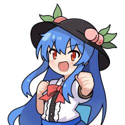  1girl :d black_hat blue_hair blue_skirt blush bow bowtie cekocn! chibi chibi_only clenched_hands commentary_request fist_pump hat hinanawi_tenshi long_hair open_mouth peach_hat_ornament red_bow red_bowtie red_eyes shirt simple_background skirt smile solo touhou upper_body white_background white_shirt 