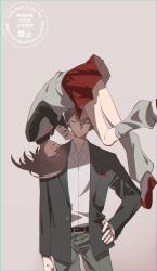  1boy 1girl @_@ absurdres annoyed asymmetrical_hair belt belt_buckle black_jacket black_shirt blazer brown_background brown_hair buckle carrie-chan carrie_(song) cheek_poking chromatic_aberration clenched_hand closed_eyes closed_mouth collared_shirt commentary empty_eyes floating grey_pants grey_socks grey_sweater_vest hand_on_own_hip highres jacket kagami_hayato kagami_hayato_(1st_costume) lapels long_sleeves looking_at_another loose_socks miniskirt necktie nijisanji notched_lapels open_clothes open_jacket pants pleated_skirt poking red_necktie red_shoes red_skirt school_uniform shirt shoes short_hair skirt smile socks sweatdrop sweater_vest uwabaki watch watch white_shirt white_shoes wing_collar yaoya_89 yellow_eyes 