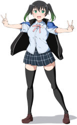  1girl :d absurdres black_hair black_thighhighs blue_shirt blue_skirt breasts brown_shoes collared_shirt commentary_request double_v gradient_hair green_eyes green_hair highres jacket jacket_on_shoulders loafers looking_at_viewer love_live! love_live!_nijigasaki_high_school_idol_club medium_breasts medium_hair miniskirt multicolored_hair neck_ribbon nijigasaki_school_uniform nijigasaki_track_jacket open_mouth outstretched_arms pink_ribbon plaid_clothes plaid_skirt pleated_skirt ribbon school_uniform shadow shirt shoes short_sleeves simple_background skirt smile solo standing summer_uniform takasaki_yu thigh-highs track_jacket twintails uchuu_no_mozuku v white_background zettai_ryouiki 