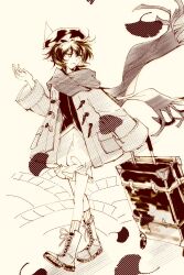  1other absurdres androgynous ankle_socks annoyed autumn boots brown_theme chinese_commentary coat collared_shirt commentary_request english_commentary frilled_headwear frilled_shorts frills full_body furrowed_brow ginkgo_leaf hair_between_eyes hat high_collar highres lace-up_boots leaf len&#039;en looking_back mixed-language_commentary mob_cap monochrome open_clothes open_coat open_mouth other_focus outstretched_hand puffy_shorts scarf shadow shirt shitodo_kuroji short_hair shorts socks solo striped_clothes striped_socks suitcase triangular_headpiece vertical-striped_clothes vertical-striped_socks wind yancao_(pixiv_103434280) zipper 