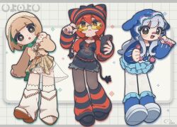  064mn 3girls :< :d :o adjusting_eyewear animal_hat arm_warmers bandaid bandaid_on_face bandaid_on_nose beanie belt black_belt black_camisole black_eyes black_pantyhose black_shoes black_shorts blue_hair blue_hat blue_jacket blue_skirt blue_socks bobby_socks bow bowtie brown_cardigan brown_hair brown_skirt bubble_pipe camisole cardigan cat_hat cat_tail closed_mouth commentary_request deformed full_body glasses green_bow green_bowtie green_hair grey_background grid_background hair_over_shoulder halftone hand_up hat head_tilt highres holding holding_phone jacket jewelry kneehighs lace lace-trimmed_shirt lace_pantyhose lace_trim layered_skirt leg_warmers litten long_hair long_sleeves looking_at_viewer low_twintails medium_hair multicolored_hair multiple_girls necklace open_mouth pantyhose personification phone plaid_clothes plaid_skirt pokemon pom_pom_(clothes) popplio print_shirt red_eyes red_hair rowlet see-through_skirt_layer shirt shoes shorts skirt smile socks standing starter_pokemon_trio striped_arm_warmers striped_hat striped_leg_warmers tail tinted_eyewear twintails two-sided_fabric two-sided_skirt veil white_leg_warmers white_pantyhose white_shirt white_shoes white_socks white_veil yellow-tinted_eyewear 