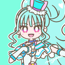 1girl :d animal_ear_hairband animal_ears aqua_background aqua_hair aqua_hairband aqua_hat aqua_theme arm_warmers artist_name bare_shoulders blue_bow blue_choker blunt_bangs bow bright_pupils brooch cat_ear_hairband cat_ears choker collarbone commentary cure_lillian dress dress_bow earrings eyeshadow fake_animal_ears frilled_arm_warmers frilled_dress frills hairband hand_on_own_chest hat heart heart_brooch high_ponytail high_side_ponytail highres japan japanese jewelry long_hair looking_at_viewer magical_girl makeup mayena mini_hat mini_top_hat monkey_ears monkey_girl multicolored_bow nekoyashiki_mayu off-shoulder_dress off_shoulder open_mouth outline outstretched_arm pact_holder pearl_earrings ponytail pouch precure princess queen shiny_cats_pact side_ponytail smile solo striped_bow tilted_headwear top_hat upper_body very_long_hair violet_eyes white_arm_warmers white_dress white_outline white_pupils wonderful_precure!