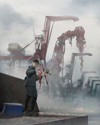  1boy animal baseball_cap black_hat black_leggings closed_mouth clouds commentary_request cooler crane_(machine) day fanny_pack fish fishing_rod fog giant giant_monster grey_jacket grey_shorts grey_sky harbor hat highres holding holding_animal holding_fish holding_fishing_rod horror_(theme) jacket leggings long_sleeves matsuba10 monster original outdoors shoes short_hair shorts sky solo standing twitter_username 