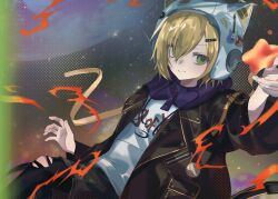  1boy animal_ear_helmet animal_ears animal_helmet black_jacket black_leggings black_shorts blonde_hair blue_hood cat_ears character_name closed_mouth clothes_writing commentary drawstring fake_animal_ears feet_out_of_frame flame_print floating green_eyes hair_ornament hair_over_one_eye hairclip halftone hand_up hashtag-only_commentary helmet highres hood hood_down hoodie jacket lapels leggings lightning_bolt_print male_focus nijisanji notched_lapels open_clothes open_jacket pocket print_hoodie short_hair shorts solo space space_helmet star_(symbol) sticker torn_clothes torn_leggings uzuki_kou uzuki_kou_(5th_costume) virtual_youtuber white_helmet white_hoodie wolf_cut yellow_trim yubudon 