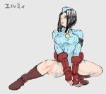  1girl armband beret black_hair blue_eyes boots cammy_white cammy_white_(cosplay) cosplay drawr fingerless_gloves gloves hat hermes_costello iu jojo_no_kimyou_na_bouken leotard parody scar solo street_fighter 