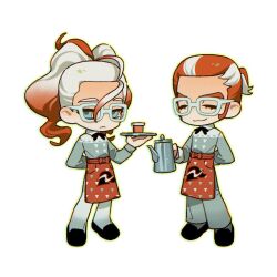  1boy 1girl :3 apron black_shoes blue_eyes chibi chibi_only closed_eyes cup disposable_coffee_cup disposable_cup expressionless full_body glasses gradient_hair griselle_(pokemon) grisham_(pokemon) hair_pulled_back holding holding_coffee_pot holding_tray loafers lower_eyelashes_only luye_unknows multicolored_hair orange_hair pants pantyhose pokemon pokemon_legends:_z-a ponytail shoes short_ponytail split_ponytail thick_eyebrows tray two-tone_hair waist_apron wavy_hair white-framed_eyewear white_hair white_pants white_pantyhose 