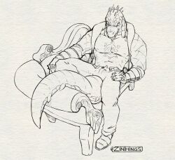  1boy artist_name blush chest_tattoo claws closed_mouth couch crocodile_boy crocodilian_tail daylon_(sobek)_(dislyte) dislyte english_commentary fangs fangs_out furry furry_male jacket male_focus muscular muscular_male navel nipples on_couch open_clothes open_jacket pectorals tail tattoo zinthings 