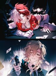 4boys aiming aiming_at_viewer black_jacket black_necktie blonde_hair card dress_shoes english_commentary especiala floating_card floating_hair florian_brand florian_brand_(spirit_fox) glasses gloves green_eyes grin gun hair_between_eyes hair_intakes hair_over_one_eye hand_on_another&#039;s_neck head_tilt held_down heterochromia highres holding holding_gun holding_weapon identity_v jacket jewelry looking_at_viewer lying male_focus mole mole_under_mouth multicolored_hair multiple_boys necktie official_alternate_costume out_of_frame pale_skin pants playing_card red_hair red_scarf restrained richard_sterling richard_sterling_(art_dealer) ring scarf semi-rimless_eyewear shirt single_glove small_sweatdrop smile split-color_hair suit wavy_hair weapon white_gloves white_hair white_jacket white_pants white_shirt white_streaks yellow_eyes 