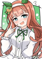  1girl absurdres animal_ears arnolddayo blue_eyes blunt_bangs blush bow ear_bow ear_covers ear_flower hair_ornament hairband highres hime_cut horse_ears horse_girl horse_tail long_hair long_sleeves looking_at_viewer orange_hair orange_tail shirt silence_suzuka_(umamusume) skirt smile solo tail umamusume white_hairband 