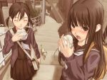  blush cardigan cat closed_eyes eating food multiple_girls nikuman school_uniform serafuku shimano_natsume 
