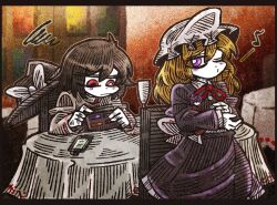  3girls annoyed black_hat blonde_hair blush bow brown_hair buttons chair changeability_of_strange_dream character_doll closed_mouth doll dress dress_ribbon full_stomach hair_between_eyes hat hat_bow hieda_no_akyuu long_dress long_sleeves maribel_hearn medium_hair mob_cap multiple_girls musical_note one_eye_closed parody purple_dress red_eyes red_ribbon restaurant ribbon sash satisfied shirt sitting sleeve_cuffs spoken_musical_note squiggle suenari_(peace) table touhou unworn_headwear usami_renko walking walking_away wallet whistle white_bow white_hat white_shirt window 