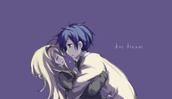  1boy 1girl black_sweater blonde_hair blue_hair brother_and_sister chaos;head closed_eyes crying crying_with_eyes_open english_text face-to-face facing_another from_side half-closed_eyes hand_on_another&#039;s_cheek hand_on_another&#039;s_face highres hug long_hair long_sleeves looking_at_another mamimu_(ma-mi-mu.me) nishijou_nanami nishijou_takumi open_mouth profile purple_background sad_smile science_adventure short_hair siblings simple_background smile sweater tears upper_body 