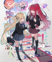  3girls absurdres artoria_caster_(fate) artoria_pendragon_(fate) baobhan_sith_(fate) black_shirt blonde_hair blue_skirt cernunnos_(fate) character_charm charm_(object) commentary_request fate/grand_order fate_(series) fou_(fate) fujimaru_ritsuka_(female) full_body hana_soretsu highres long_hair mash_kyrielight morgan_le_fay_(fate) multiple_girls oberon_(fate) pink_hair ponytail purple_hair red_skirt school_uniform shirt skirt violet_eyes 