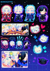  ! !! ... 4boys :3 :o =_= animalization arm_tattoo artist_name beard_stubble bianca_lattei black_background black_coat black_gloves black_hair black_sandals black_shoes blue_eyes blue_jacket blue_outline blush_stickers cane chibi closed_eyes closed_mouth coat dante_(devil_may_cry) devil_breaker devil_may_cry_(series) devil_may_cry_5 dog facial_hair fang fingerless_gloves food frown gloves green_eyes grid_background griffon_(devil_may_cry_5) hair_over_one_eye heart highres holding holding_cane holding_sword holding_weapon jacket long_sleeves looking_at_viewer male_focus multiple_boys mushroom musical_note nero_(devil_may_cry) open_mouth outline person_and_animalization pizza purple_outline rebellion_(sword) red_coat red_outline red_queen_(sword) sandals shoes short_hair smile sparkle spoken_ellipsis star_(symbol) stubble sword sword_on_back tattoo tongue tongue_out v v-shaped_eyebrows v_(devil_may_cry) vergil_(devil_may_cry) weapon weapon_on_back white_hair yamato_(sword) 