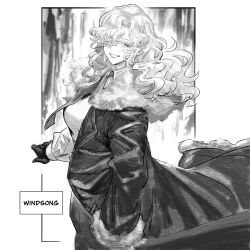  1girl arm_out_of_sleeve character_name coat collared_shirt curly_hair from_side fur-trimmed_coat fur_trim gloves greyscale grin hair_over_one_eye half-closed_eyes highres long_hair looking_at_viewer mmihpyy monochrome necktie one_eye_covered reverse:1999 shirt smile solo upper_body windsong_(reverse:1999) 