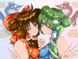  2girls :d ahoge alternate_costume asymmetrical_docking bare_shoulders blue_dress blue_eyes breast_press brown_eyes brown_hair china_dress chinese_clothes commentary_request double_bun dragon_background dress eyelashes frilled_hair_tubes frills frog_hair_ornament gold_trim green_hair hair_between_eyes hair_bun hair_ornament hair_tubes hakurei_reimu highres kochiya_sanae lekkapanda long_hair multiple_girls one_eye_closed portrait red_dress single_hair_tube sleeveless sleeveless_dress smile snake_hair_ornament touhou v waving white_background 