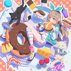  1girl absurdres bacon bebe_(nanahira) black_cat brown_hair burger cat cheese commentary doughnut dress fish food g9in32 hairband highres indie_utaite indie_virtual_youtuber jacket kneehighs long_hair mite_(nanahira) nanahira no_lineart omochi_(nanahira) open_clothes open_jacket pudding rabbit sandwich shoes sneakers socks solo utaite virtual_youtuber white_cat white_dress 