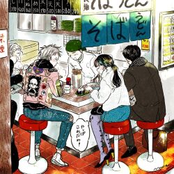  1girl 4boys absurdly_detailed_composition bag_on_lap bandana black_bag black_hair black_hoodie black_shoes blue_skirt blush bottle bowl breath brown_jacket brown_pants chef chopsticks closed_eyes closed_mouth colored_skin commentary cup denim earrings emamemamo33 fingernails food from_behind full_body grey_hair high_heels highres hood hoodie hoop_earrings indoors iridescent_hair jacket jeans jewelry long_hair long_sleeves menu multiple_boys nail_polish newspaper no_smoking noodles noren on_stool onigiri original pants pantyhose patch pink_jacket plate ponytail purple_pantyhose restaurant sake_bottle scarf shirt shoes short_hair signature skirt slice_of_life soba socks soy_sauce soy_sauce_bottle speech_bubble steam stool studded_jacket suitcase sweater thought_bubble tile_floor tiles torn_clothes torn_pants translated turtleneck white_hair white_shirt white_shoes white_skin white_sweater 