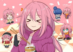 2girls blue_hair food kagamihara_nadeshiko multiple_girls pink_background pink_eyes pink_hair red_ribbon shima_rin yellow_dress yurucamp