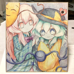  2girls absurdres black_hat blue_eyes bow bowtie buttons colored_pencil_(medium) commentary_request diamond_button emoji expressionless eyeball frilled_shirt_collar frilled_sleeves frills green_hair green_shirt hat hat_ribbon hata_no_kokoro heart heripantomorrow highres holding_hands komeiji_koishi mask mask_on_head multiple_girls pink_eyes pink_hair plaid_clothes plaid_shirt purple_bow purple_bowtie ribbon shirt smile third_eye touhou traditional_media wide_sleeves yellow_ribbon yellow_shirt 