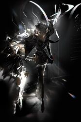  1boy absurdres arched_window backlighting black_gloves black_jacket black_shirt broken_glass covered_mouth dagger full_body ghostblade_(to_be_hero_x) glass glint gloves highres holding holding_dagger holding_knife holding_weapon indoors jacket jacket_on_shoulders knife light_particles looking_at_viewer male_focus mask mouth_mask painterly pcacao serious shirt short_hair solo tile_floor tiles to_be_hero to_be_hero_x walking_towards_viewer weapon white_hair window 