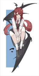  1girl :/ bat_wings black_dress black_shoes black_wings blue_background collared_shirt commentary_request dress dress_shirt expressionless head_wings highres invisible_chair koakuma light_blush long_hair long_sleeves looking_to_the_side low_wings necktie o_(crazyoton46) pinafore_dress red_eyes red_hair red_necktie shirt shoes sidelocks simple_background sitting sleeveless sleeveless_dress socks solo touhou v_arms very_long_hair white_background white_shirt white_socks wings 