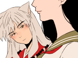  1boy 1girl animal_ears bead_necklace beads black_hair brown_eyes commentary_request dog_ears dog_girl grey_hair highres higurashi_kagome inuyasha inuyasha_(character) japanese_clothes jewelry necklace school_uniform serafuku smile toco_(love-hmhm-tocotoco) 
