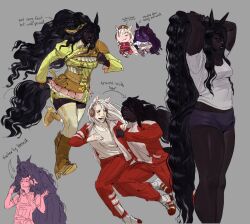  3girls animal_ears arms_up big_hair black_hair boots dark-skinned_female dark_skin dress friesian_horse_girl gold_ship_(red_strife)_(umamusume) gold_ship_(umamusume) haru_urara_(casual)_(umamusume) haru_urara_(umamusume) high_heel_boots high_heels highres horse_ears horse_girl horse_tail jacket lips long_hair multiple_girls pillbox_hat pump_upthejam red_track_suit running shoes short_shorts shorts simple_background tail thigh-highs toned tracen_training_uniform track_jacket track_suit umamusume very_dark_skin very_long_hair white_hair white_shoes yellow_dress 