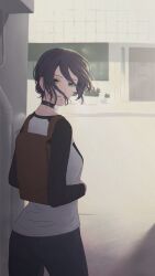  1girl aanryus alley backpack bag black_choker black_pants black_shirt building chainsaw_man choker explosive grenade hair_between_eyes highres looking_at_viewer looking_back multicolored_shirt pants purple_hair reze_(chainsaw_man) shirt solo white_shirt 