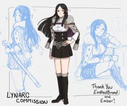  1girl alternate_costume ascot black_boots black_eyes black_hair boots breasts buttons coat coat_on_shoulders commentary commission cup english_commentary fire_emblem fire_emblem:_three_houses fire_emblem_awakening fur-trimmed_jacket fur_trim garreg_mach_monastery_uniform hand_on_own_hip highres holding holding_cup jacket jacket_on_shoulders katana ko-fi_commission long_hair looking_at_viewer lynarc medium_breasts say&#039;ri_(fire_emblem) sitting smile sword teacup thighs weapon white_ascot 