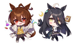  2girls agnes_tachyon_(tach-nology)_(umamusume) agnes_tachyon_(umamusume) ahoge animal_ears beaker black_cat black_coat black_gloves black_hair black_necktie black_pantyhose blush brown_hair cat chemical_structure chibi chibi_only coat coffee_beans coffee_mug collared_shirt cork crescent_moon cup ear_tag earrings gloves hair_between_eyes holding holding_test_tube horse_ears horse_girl horse_tail huge_ahoge jewelry lab_coat long_bangs long_hair long_hair_between_eyes long_sleeves looking_at_viewer manhattan_cafe_(creeping_black)_(umamusume) manhattan_cafe_(umamusume) medium_hair moon moorina mug multicolored_hair multiple_girls necktie open_mouth pantyhose pill red_eyes shirt short_necktie simple_background single_earring skirt sleeves_past_fingers sleeves_past_wrists smile steaming_cup sweater sweater_vest tail test_tube umamusume very_long_hair white_background white_coat white_hair wolf_cut yellow_eyes yellow_necktie yellow_sweater yellow_sweater_vest 