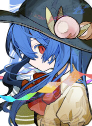  1girl absurdres blue_hair bow bowtie closed_mouth commentary expressionless from_side hair_between_eyes hat highres hinanawi_tenshi long_hair looking_at_viewer looking_to_the_side peach_hat_ornament red_bow red_bowtie red_eyes shirt solo soresaki touhou upper_body white_shirt 