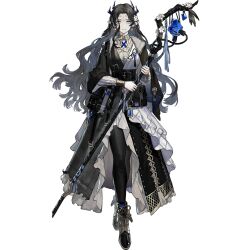  1girl arknights black_hair blue_eyes brown_hair facial_mark five-fall forehead_mark full_body holding holding_staff horns long_hair mole mole_under_mouth multiple_horns official_art pointy_ears simple_background solo staff standing tachi-e third-party_source third_eye transparent_background valarqvin_(arknights) wavy_hair 