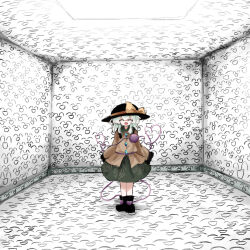  1girl :d ^_^ black_boots black_hat boots bow buttons closed_eyes collared_shirt diamond_button eyeball facing_viewer floral_print frilled_shirt_collar frilled_sleeves frills green_hair green_skirt hat hat_bow hat_ribbon heart heripantomorrow indoors koishi_komeiji&#039;s_heart-throbbing_adventure komeiji_koishi long_sleeves medium_hair ribbon rose_print shirt skirt smile solo standing third_eye too_many touhou wavy_hair wide_sleeves yellow_bow yellow_ribbon yellow_shirt 