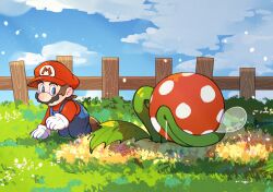  1boy blue_overalls blue_sky boots brown_boots brown_hair clouds commentary crawling day drooling facial_hair fence grass hanaon hat highres male_focus mario mustache outdoors overalls piranha_plant red_hat saliva sky sleeping squeans super_mario_64 super_mario_bros. symbol-only_commentary 