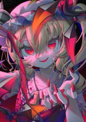  1girl ascot black_background blonde_hair blood blood_on_hands collarbone commentary crystal_wings cup dated drinking_glass evil_smile fingernails flandre_scarlet frilled_shirt_collar frills gradient_background gunjou_row hair_between_eyes hat holding holding_cup long_bangs long_fingernails long_hair looking_at_viewer mob_cap nail_polish parted_bangs parted_lips puffy_short_sleeves puffy_sleeves red_background red_eyes red_nails red_vest ribbon-trimmed_headwear ribbon_trim sharp_fingernails short_sleeves side_ponytail signature slit_pupils smile solo touhou twitter_username upper_body vest watermark white_hair wine_glass wings yellow_ascot 