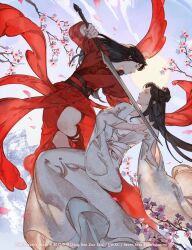  2girls black_hair boots chinese_clothes commentary copyright_name cover_image english_commentary flower fu_wanqing half_updo hanfu highres holding holding_sword holding_weapon long_hair multiple_girls official_art plum_blossoms red_boots red_hanfu sword the_beauty&#039;s_blade velinxi very_long_hair weapon white_hanfu wide_sleeves yu_shengyan 
