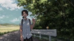  1girl backpack bag black_eyes black_hair black_skirt clouds cloudy_sky collared_shirt commentary_request dappled_sunlight food grass holding holding_food holding_popsicle looking_at_viewer original outdoors parted_lips pleated_skirt ponytail popsicle road rural shirt short_ponytail short_sleeves skirt sky solo sunlight tree wabuchi white_shirt 